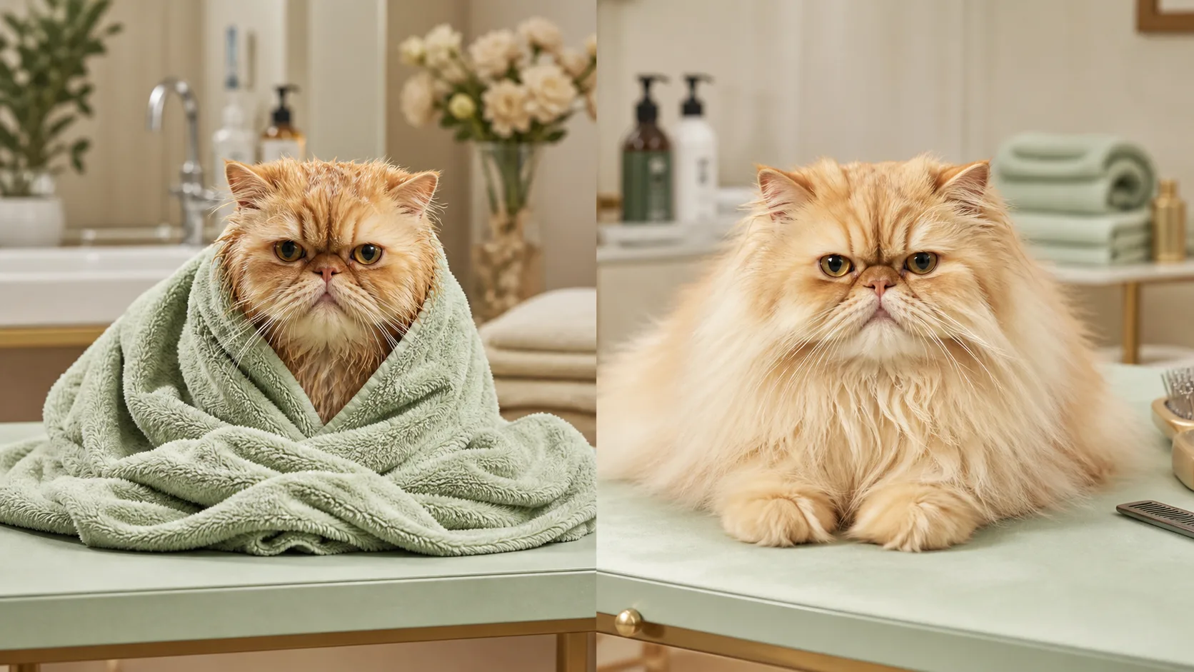 Персидская кошка после мытья и после бережной сушки